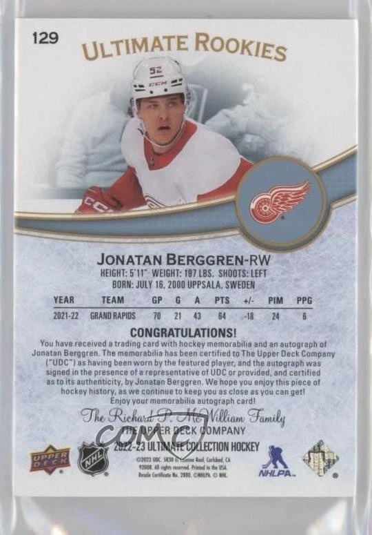 2022 Ultimate Collection Rookies /99 Jonatan Berggren RPA Rookie Patch Auto RC - Image 2 of 2