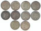 $10 HALF ROLL MORGAN AND PEACE SILVER DOLLARS 90% SILVER, MIXED ROLL OF 10 COINS