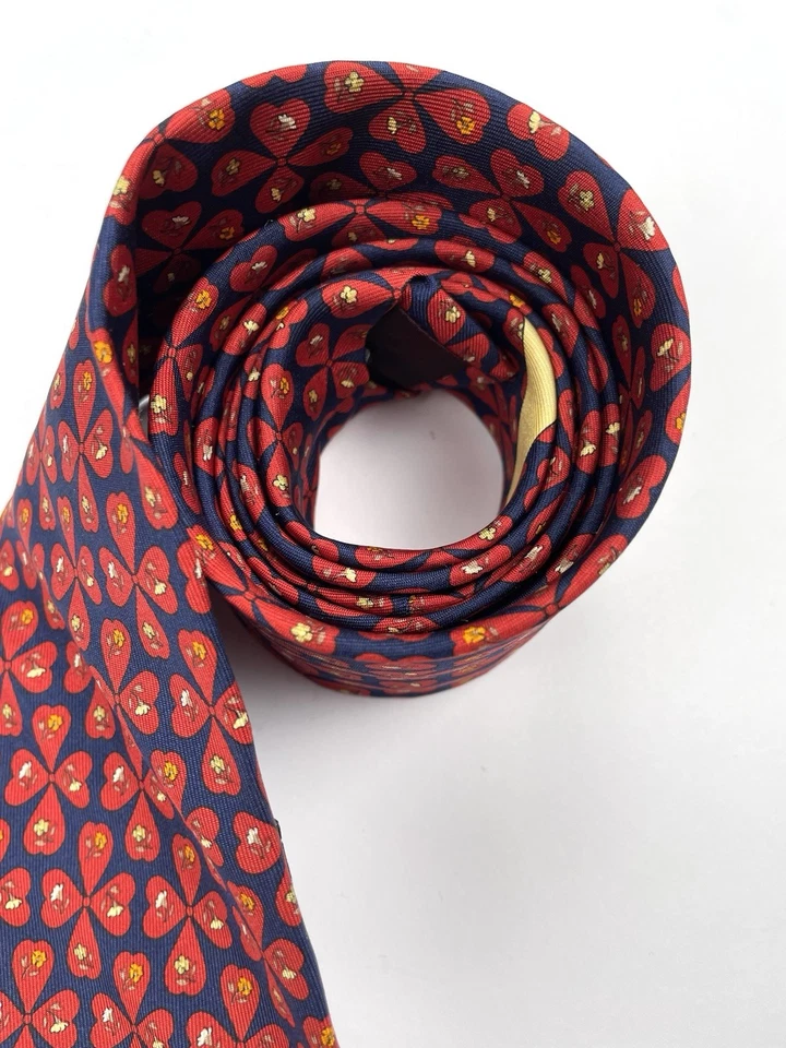 Salvatore Ferragamo Estampado Floral Trébol Flores Seda Azul Rojo Corbata Hecha en Italia Foto 2 de 4