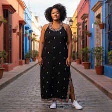 Vintage Kenar Black with Floral Embroidery Linen Blend Halter Maxi Dress Size 14
