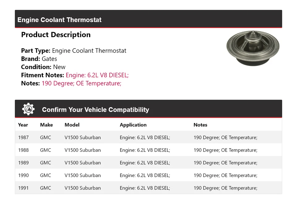 Portões termostato líquido refrigerante motor DIESEL Suburban 6.2L V8 1987-1991 GMC V1500 Suburban 6.2L V8 - Imagem 2 de 4