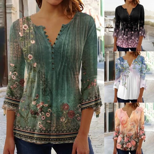 Womens V-Neck Tops T-Shirts Ladies Floral Casual Blouse Pullover Tee Plus Size