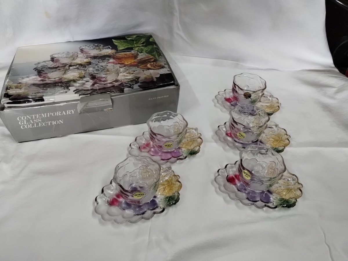 SOGA Japan 5 Set Glass Coffee Cup & Saucer Hand painted SOGA Japan 5 Set Glass Coffee Cup & Saucer Hand painted