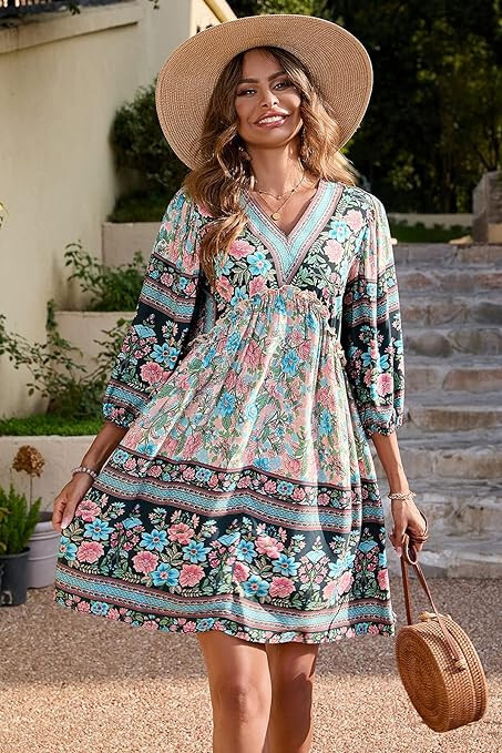 boho high neck wide sleeve shift dress NWT $49 SZ XL BTFBM Casual Dress V Neck 3/4 Sleeve Flowy Boho Babydoll Mini