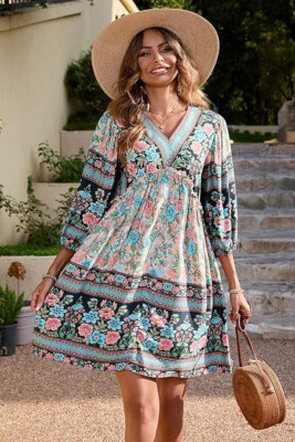 NWT $49 SZ XL BTFBM Casual Dress V Neck 3/4 Sleeve Flowy Boho Babydoll Mini  | eBay