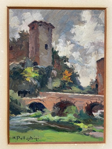 QUADRO DIPINTO OLIO TAVOLA "Natale Pollastrini" PAESAGGIO ROMA torre ponte fiume - 第 2/6 張圖片