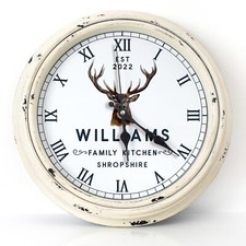 Personalised Kitchen Wall Clock Stag Family Name Round Glass Deer Gift KRC19