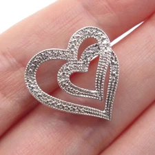 925 Sterling Silver Real Round-Cut Diamond Double Heart Minimalist Slide Pendant