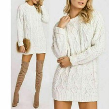 Women ladies Crew Neck Long Sleeve Chunky Cable Knitted Jumper Sweater Dress Top