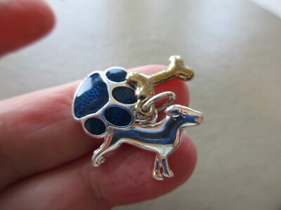 VINTAGE SILVER TONE DOG BONE PAWPRINT THREE PART FOB CHARM PENDANT BRACELET CUTE