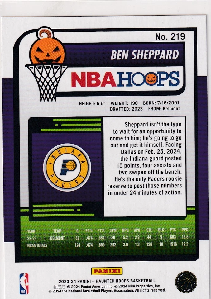 2023-24 HAUNTED HOOPS NBA ORANGE RC BEN SHEPPARD INDIANA PACERS ROOKIE AA-2237 - Image 2 of 2