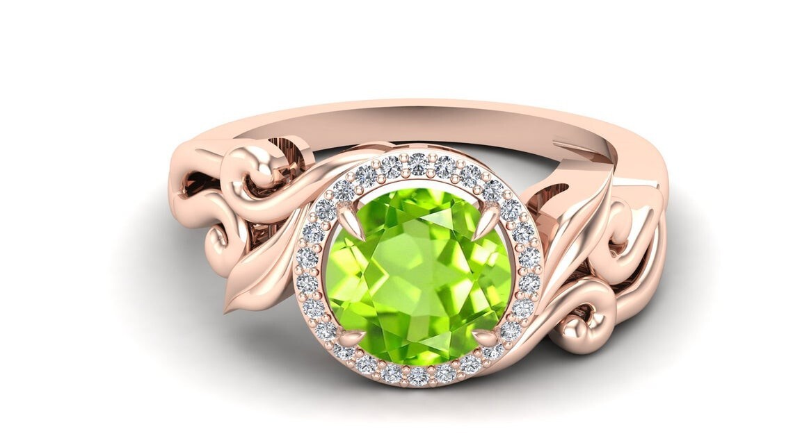 14k Yellow Gold Wedding Band with Natural Peridot and Diamond Gemstones  -image