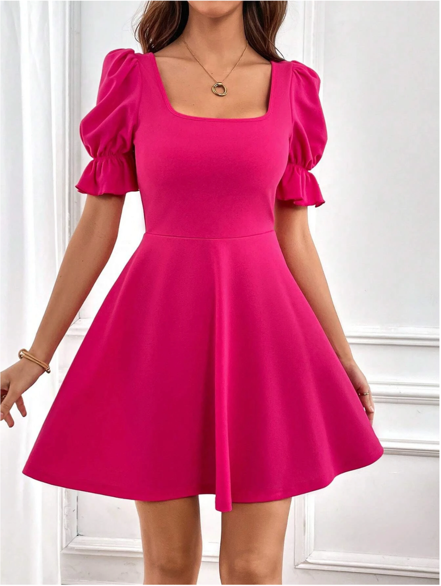 Hot Pink Privé Summer Square Neck Puff Sleeve Black Dress Sz XS S M L XL