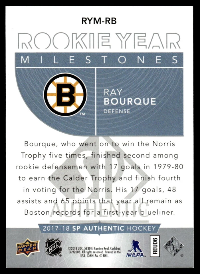 2017-18 SP Authentic Rookie Year Milestones Ray Bourque Boston Bruins #RYM-RB - Image 2 of 2