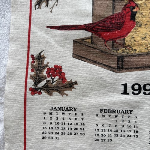 Vtg Linen Tea Towel Wall Hanging 1995 Calendar Bird Feeder Cardinal Religious US - Picture 8 of 15