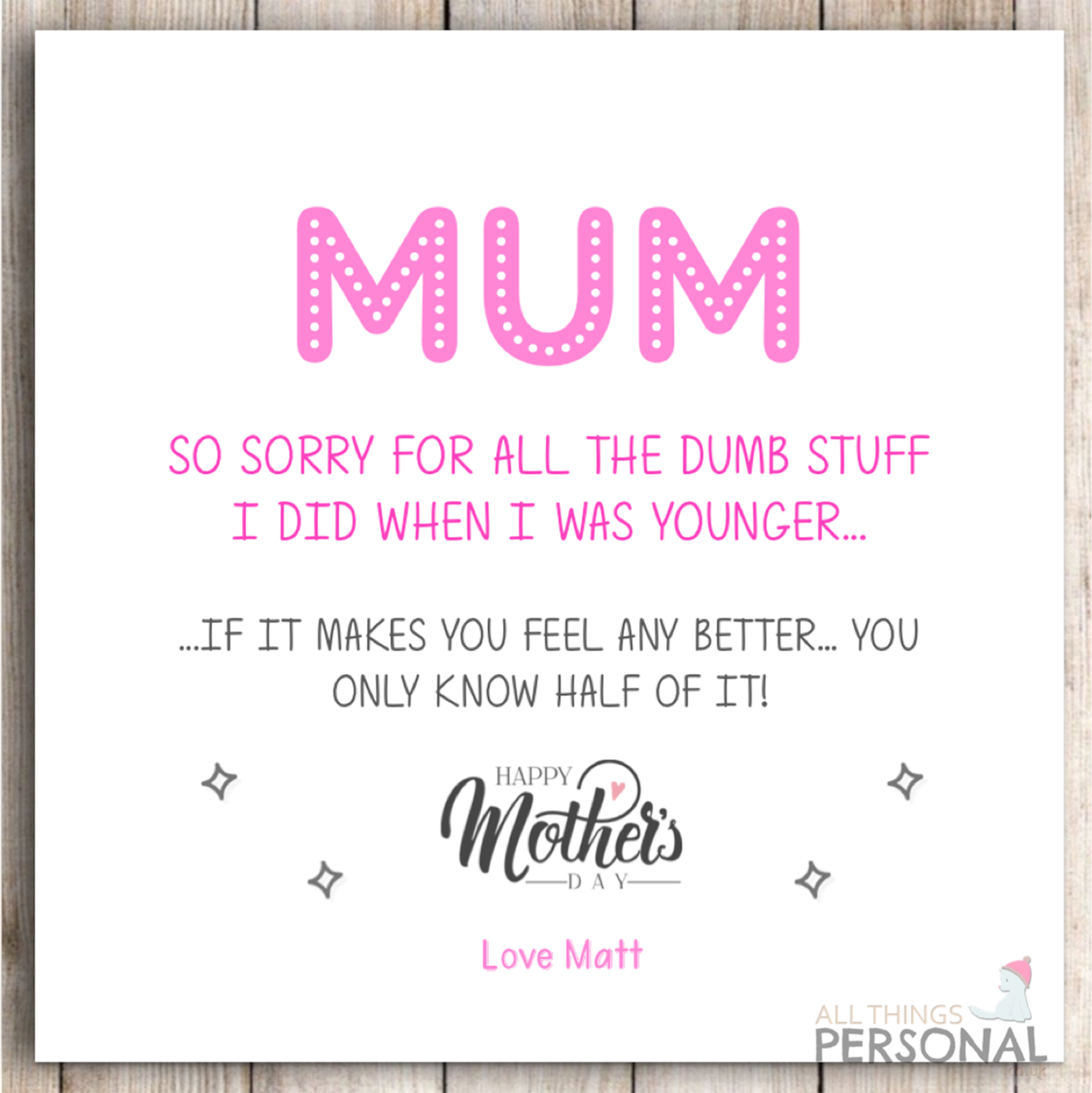 Joke Mothers Day Card Personalised Mother's Day for Mum Mom Humour Rude Funny