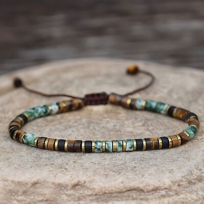 Green Spot Jasper & Tiger Eye Beads Healing Strength Women Men Crystal Bracelet