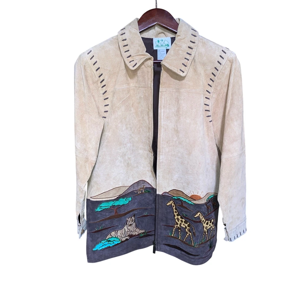 Chaqueta de Cuero Vintage Años 80 Talla S Tostada Western Safari Caprichoso Animal Retazos  Foto 4 de 4