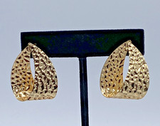VTG Gold Tone Textured Open Teardrop Hoop Post Earrings 30 mm Tall NOS