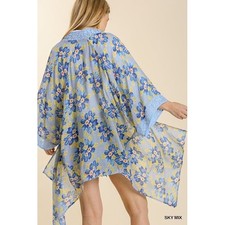 Umgee Plus Blue Floral Open-Front Kimono Cardigan Lace Trim Boho - Size XL/1XL