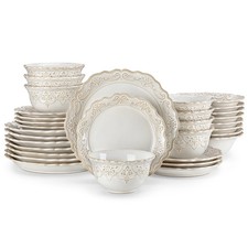 Dinnerware Set 32 Piece White Stoneware Relief Plates Bowls Microwave Safe