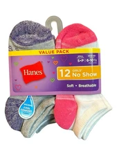 Hanes Girls Value 12 Pack No Show Socks Wicking Cool Comfort Size Small 6-10.5