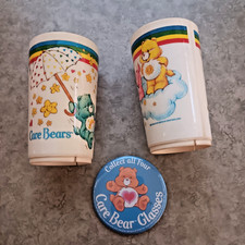 Vintage 2 Care Bear Plastic Glasses & A 1984 Pinback From Pizza Hut Made In USA