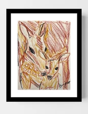 GUAJARDO Original Sketch of Mama Deer and Baby Deer 11X8.5 Paper Signed Art