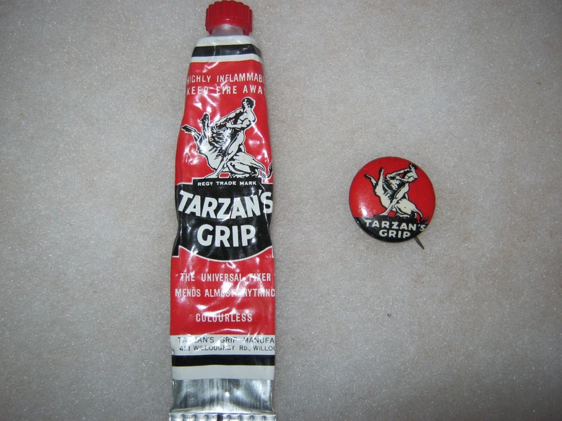 TARZAN's GRIP (glue) and TARZAN GRIP 1" BUTTON both VINTAGE
