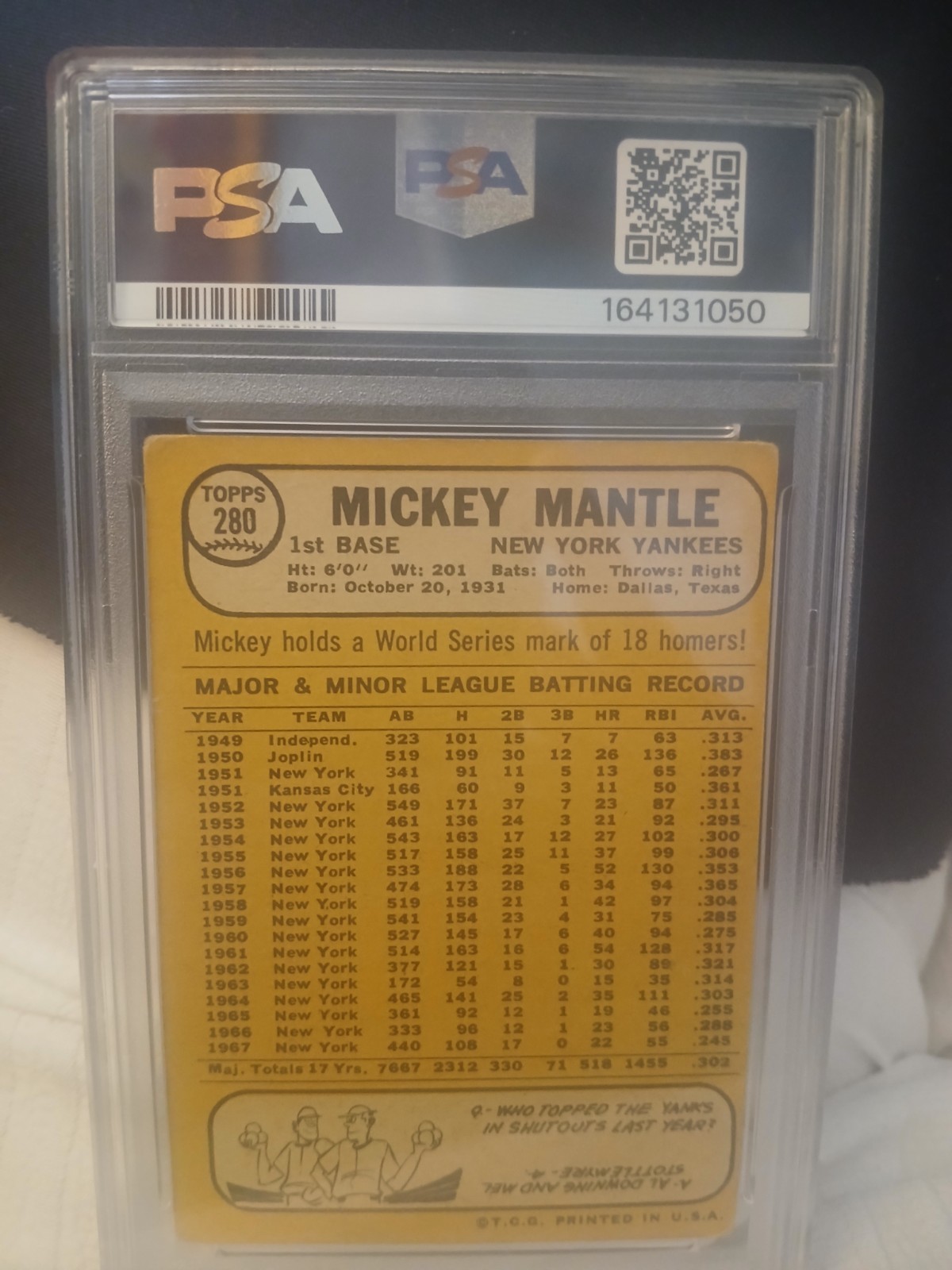 1968 Topps  #280 Mickey Mantle PSA 2.5 GOOD+ view 2