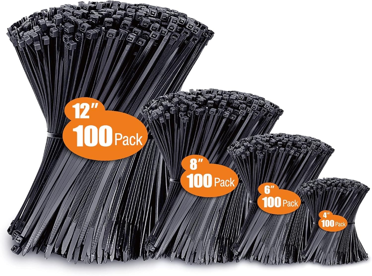 Strong Black Zip Ties 400 Pack – Assorted Sizes 4 6 8 12 Inch