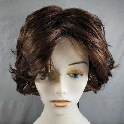 Smile Brunette Wig Brown Wavy Curls Bangs Short Heat Resistant Synthetic Hair