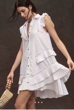 NWT ANTHROPOLOGIE PLEATED SLEEVELESS BUTTON FRONT MINI SHIRT DRESS WHITE SMALL 