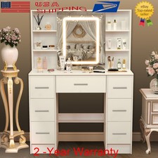 Large Dressing Table w/ Smart LED Lighted Mirror Makeup Vanity Desk 7 Drawers