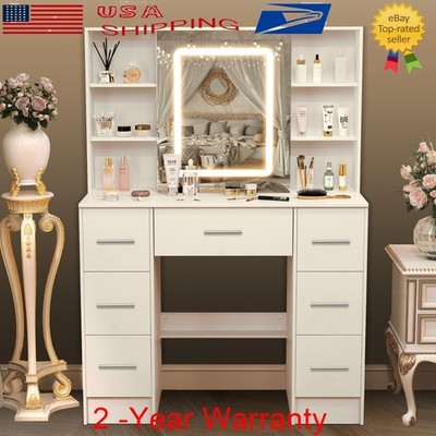Large Dressing Table w/ Smart LED Lighted Mirror Makeup Vanity Desk  7 Drawers