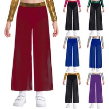 Girls Dance Pants Palazzo Jazz Stage Performance Side Slit Sequin Ballet Sheer