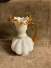 Circa 1930S Fenton Art Glass Light Amber Gold Crest Ruffled Ewer Vase Pitcher