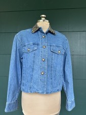 Vintage 80s NINE Denim Jacket Leopard Collar Small Cropped Boxy Fit USA Made