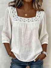 The Voidism Women's Crochet Trim Square Neck 3/4 Sleeve Blouse