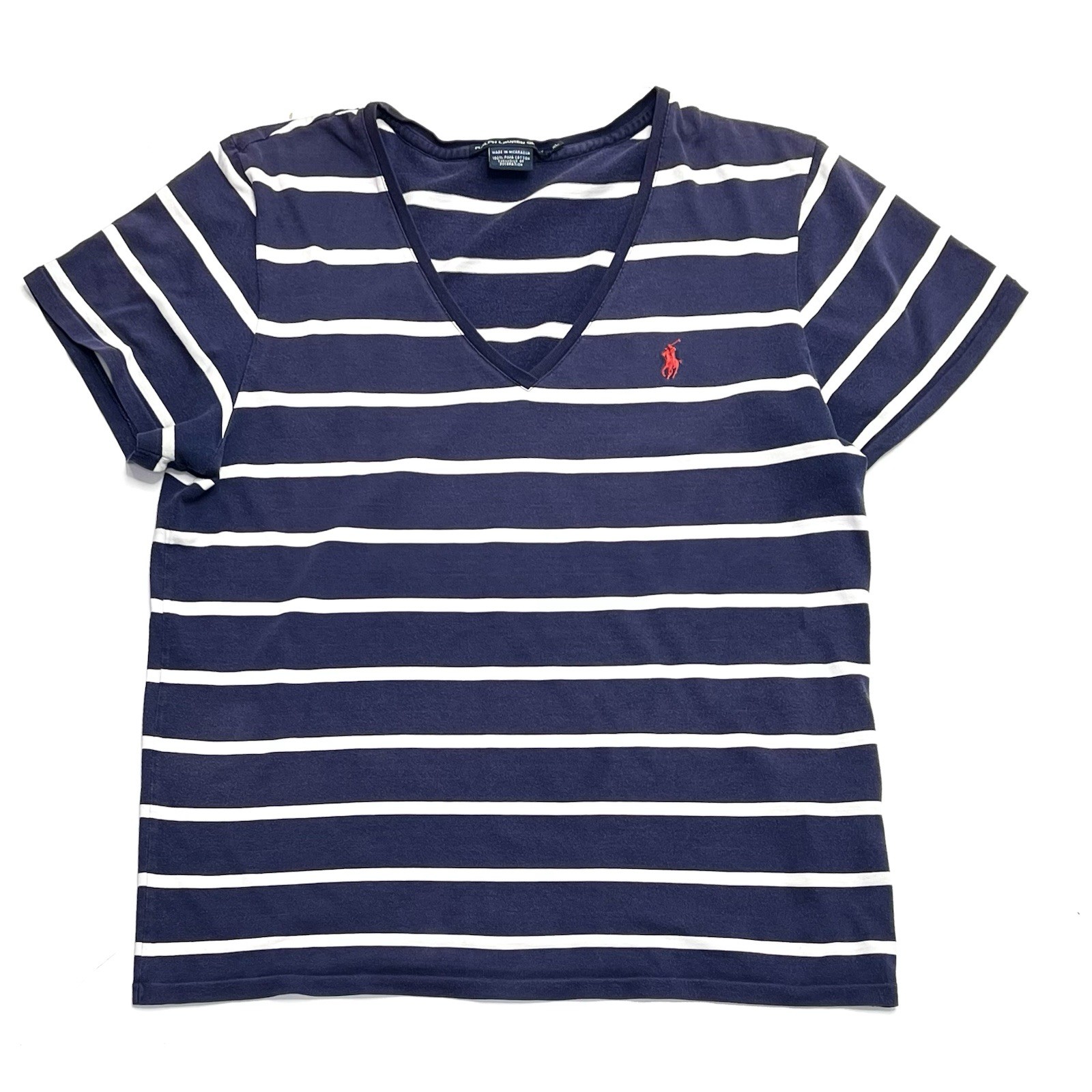 PONY T shirt RALPH LAUREN SPORT a righe blu navy e bianca Pima cotone scollo a V taglia XL