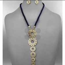 Blue and golden long length necklace and dangle earrings set