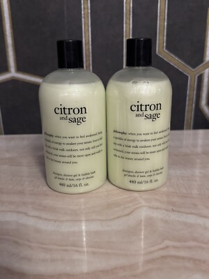 2 PACK Philosophy CITRON AND SAGE Shampoo, Shower Gel & Bubble Bath - 16oz EA