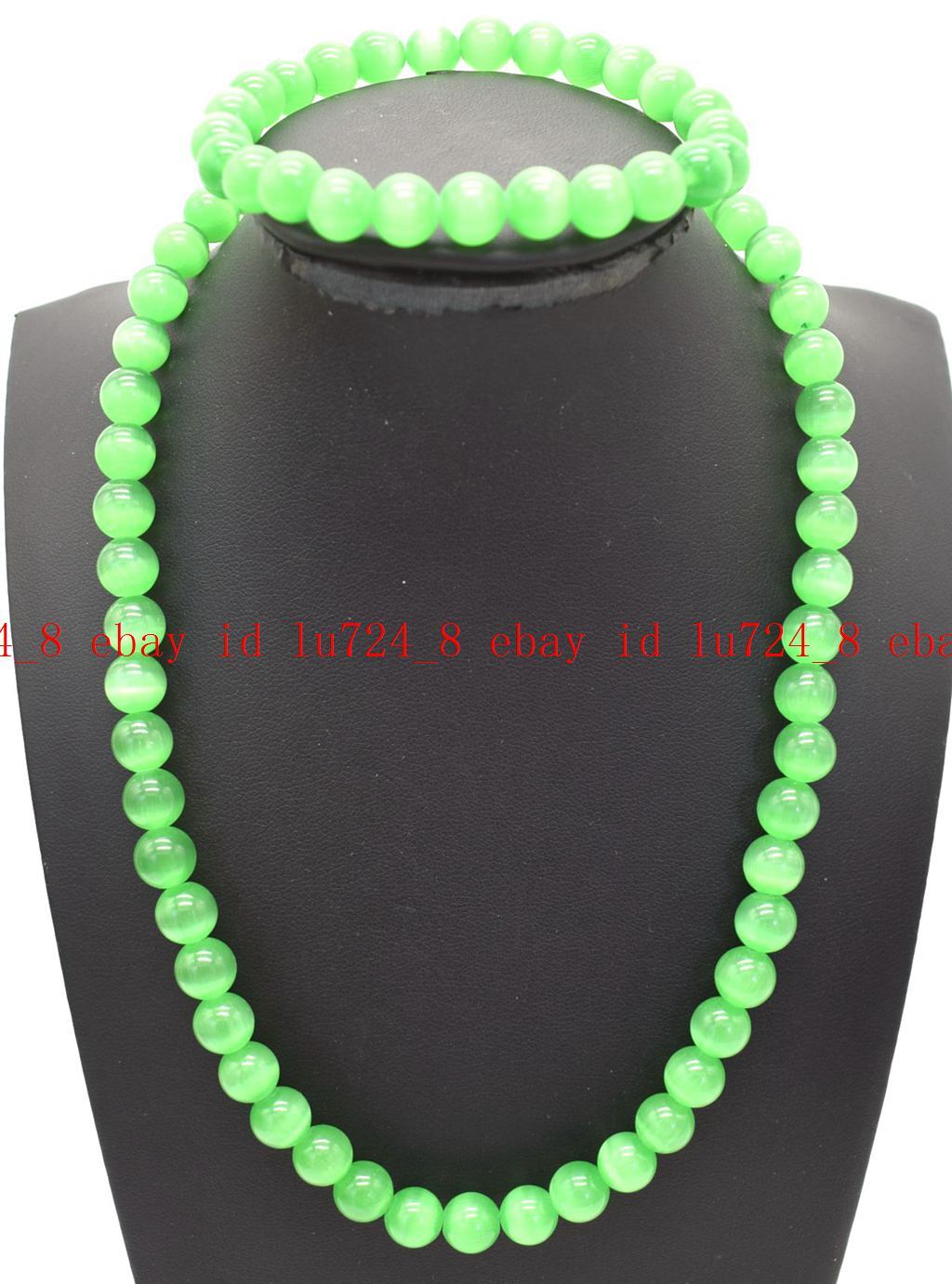 Wonderful 6/8/10mm Green Cat's Eye Opal Round Gems Beads Necklace Bracelet Set