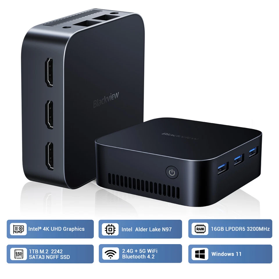 Blackview MP80 Mini PC Intel N97 16GB DDR5 1TB 4K UHD Windows 11 Pro 3,6 GHz