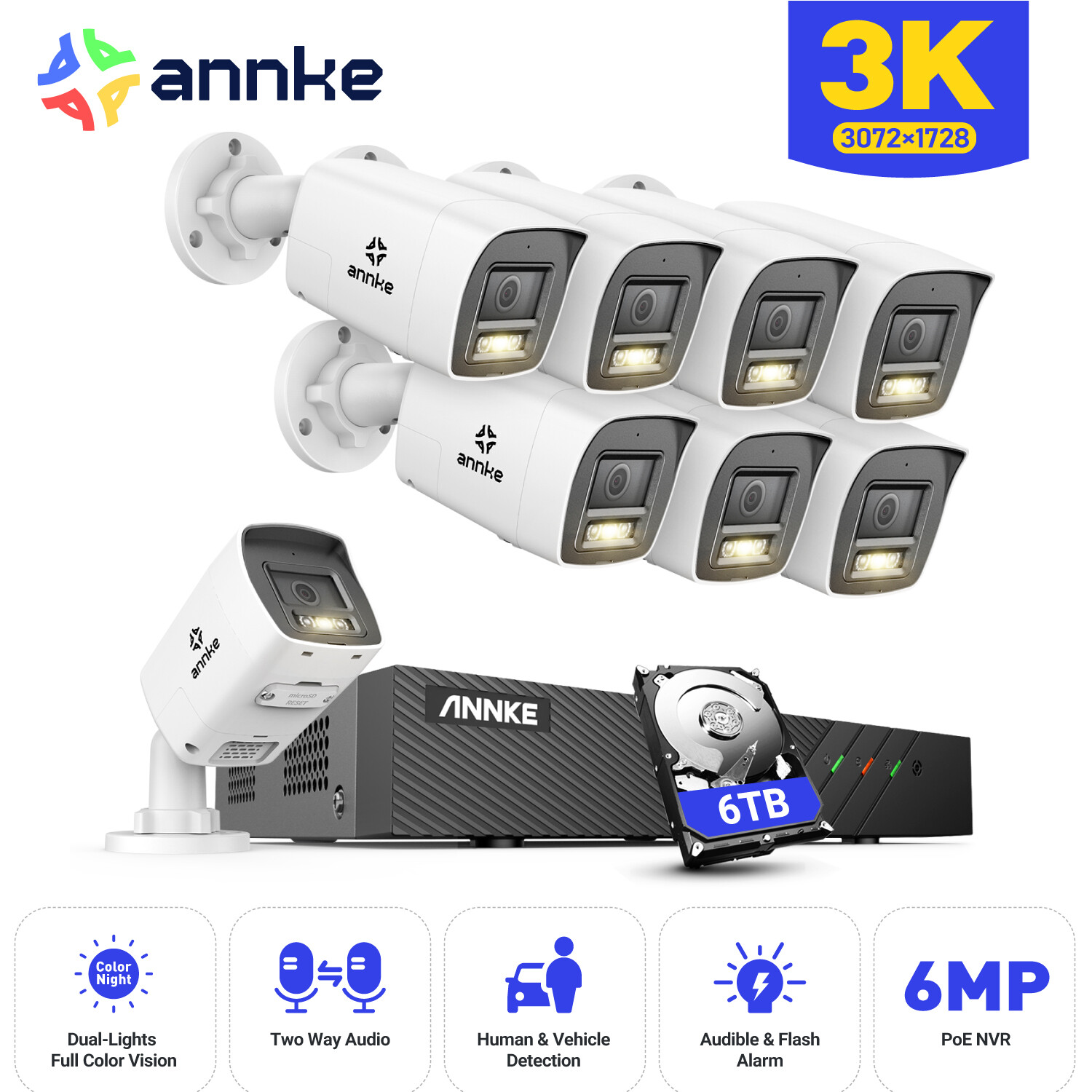 ANNKE 8CH 6MP NVR 5MP Color PoE Security IP Camera System Two Way Audio Outdoor