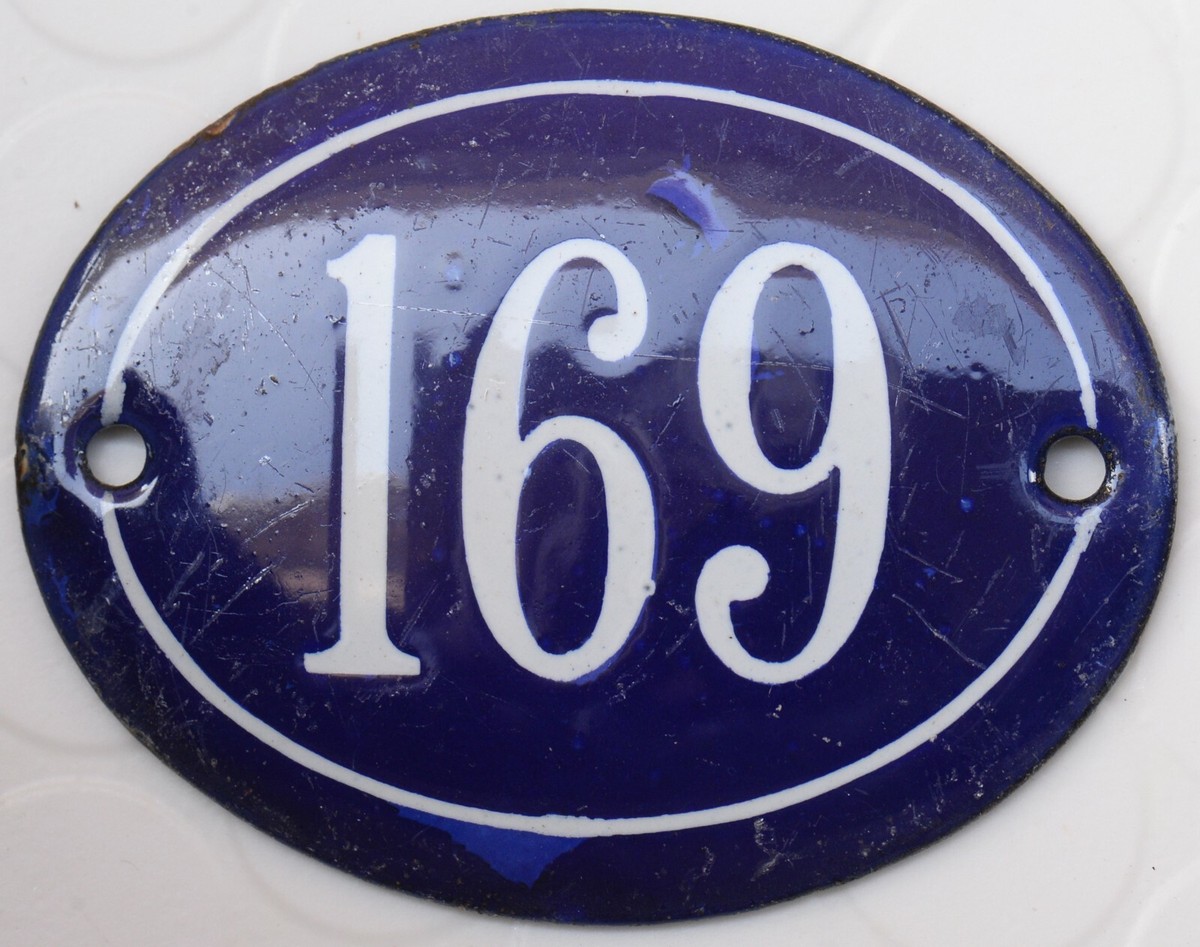 Old blue oval French house number 169 door gate plate plaque enamel steel sign