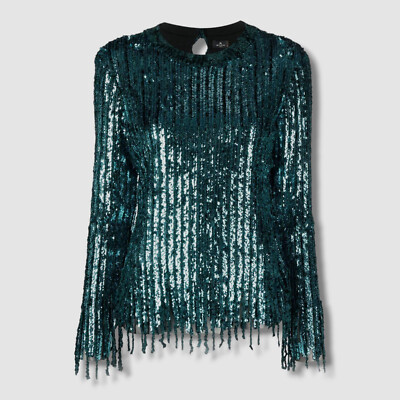 $3170 Etro Women's Green Wool & Silk Sequined Fringed Blouse Top Size IT 40/US 4