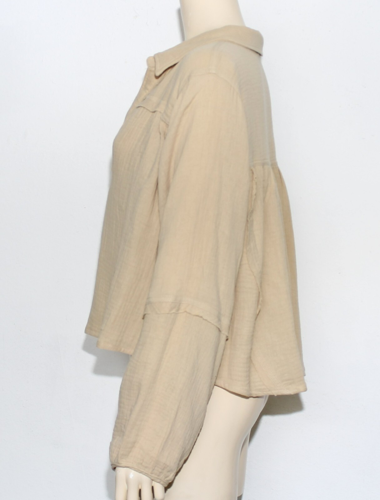 NWOT Hyfve Beige 100% Cotton Gauze Blouse V Neck Long Balloon Sleeve Size L