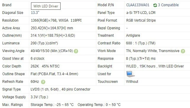 Chunghwa CLAA133WA01 New 13.3" LED Glossy LCD Screen Slim - NEW EXACT PART # - Image 3 of 3