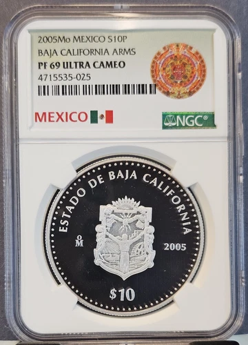 2005 MEXICO SILVER 10 PESOS S10P BAJA CALIFORNIA NGC PF 69 ULTRA CAMEO TOP POP